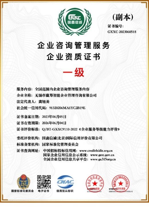 企业咨询管理服务企业资质证书（一级）
